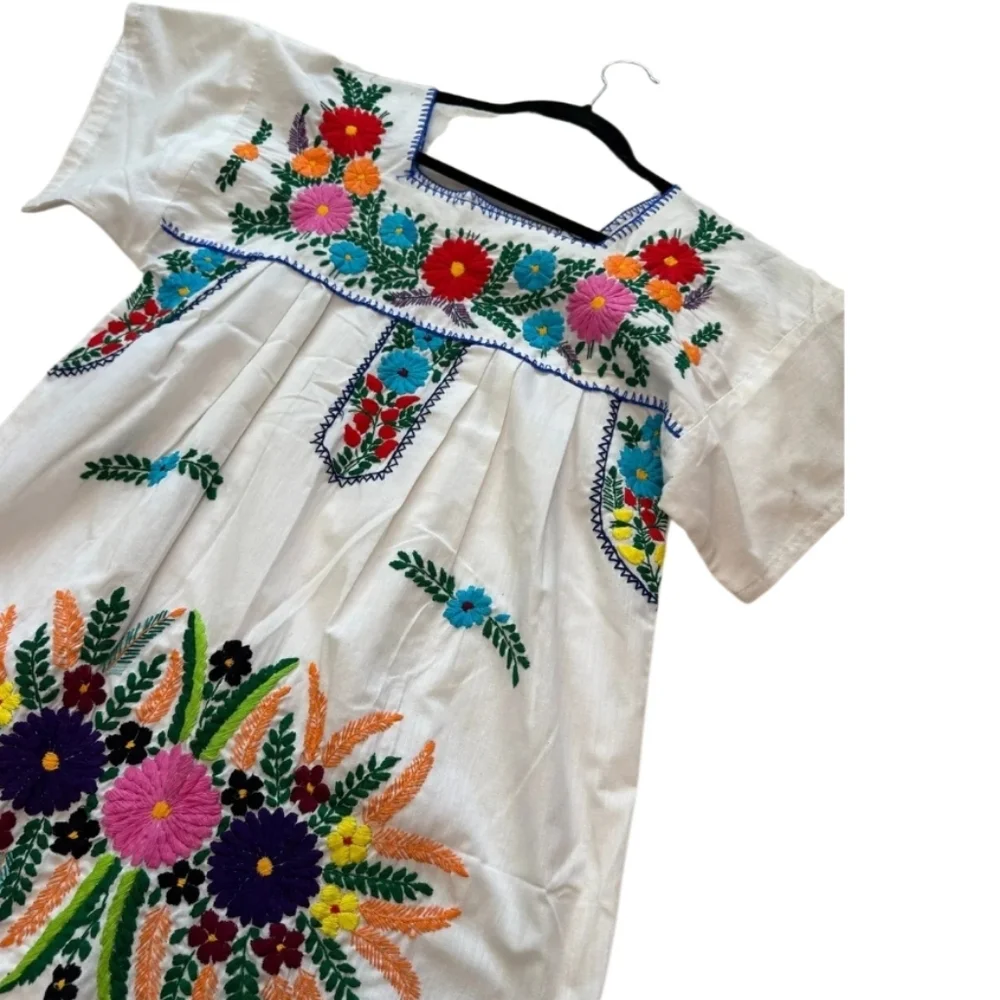 VINTAGE COTTON EMBROIDERED MIDI DRESS FLORAL BOHO SIZE S - Picture 8 of 9